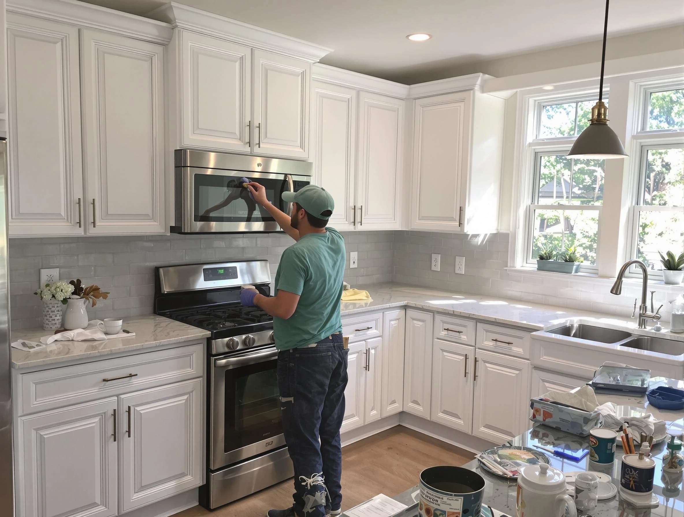 Kitchen cabinets being refinished by Garfield Heights House Painters in Garfield Heights, OH