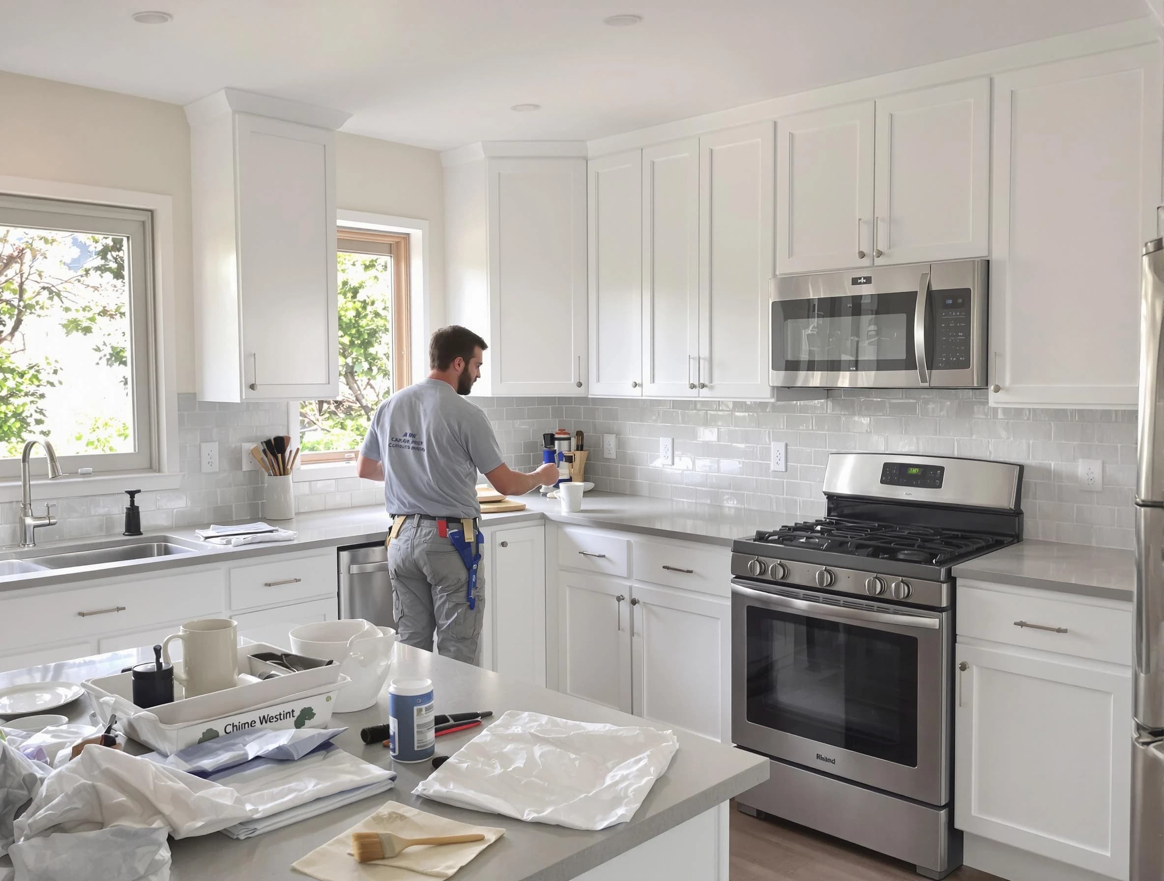 Garfield Heights House Painters applying fresh paint on kitchen cabinets in Garfield Heights